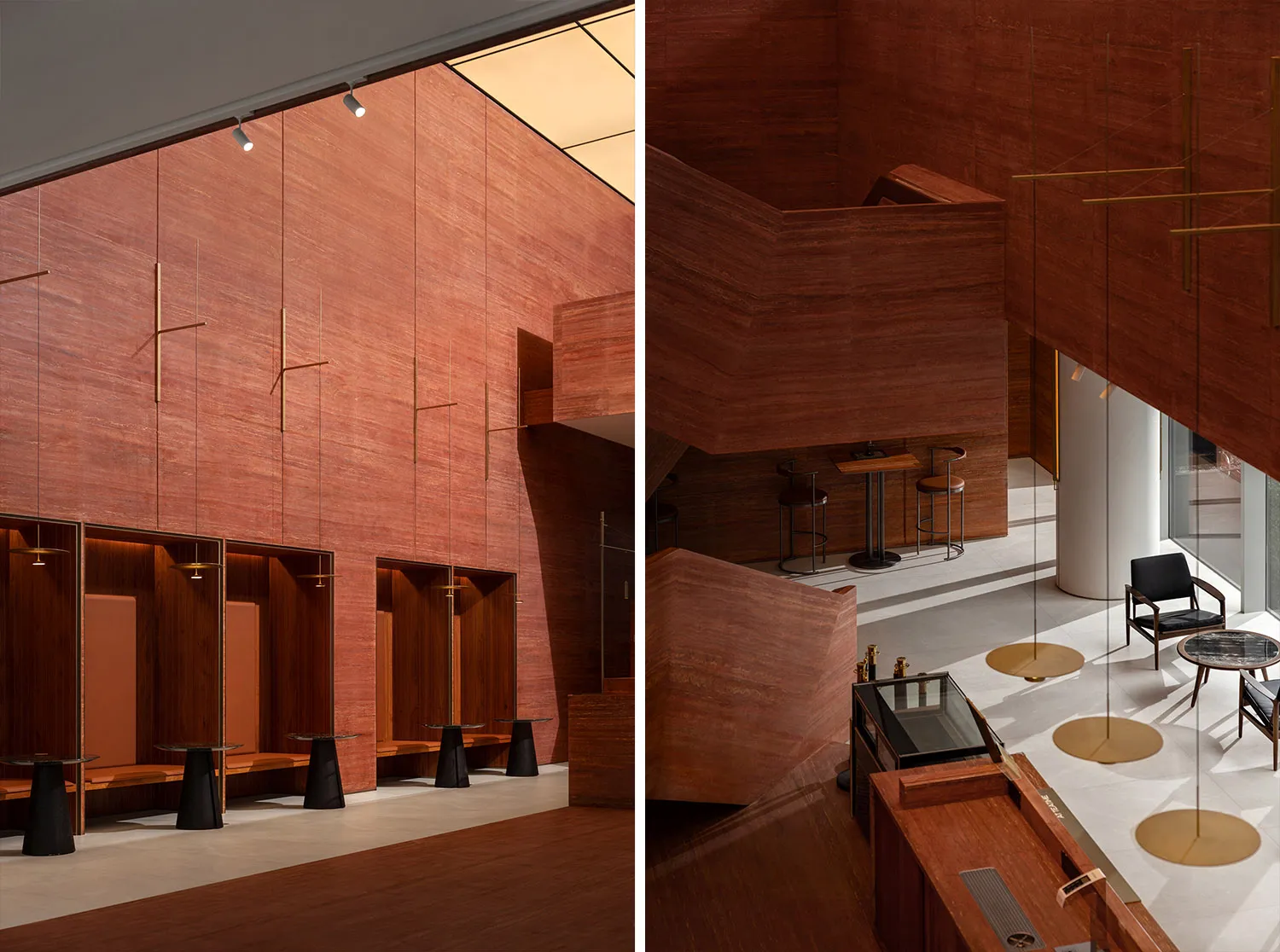 Modern restaurant interior featuring red marble walls and furniture