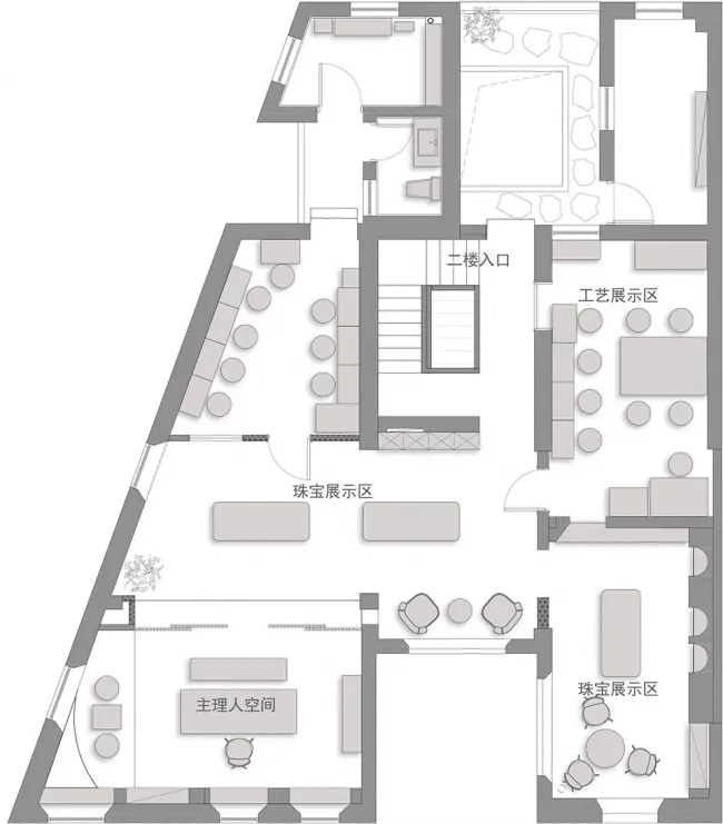 工藝展示間佈局,展現混合材質與家具。