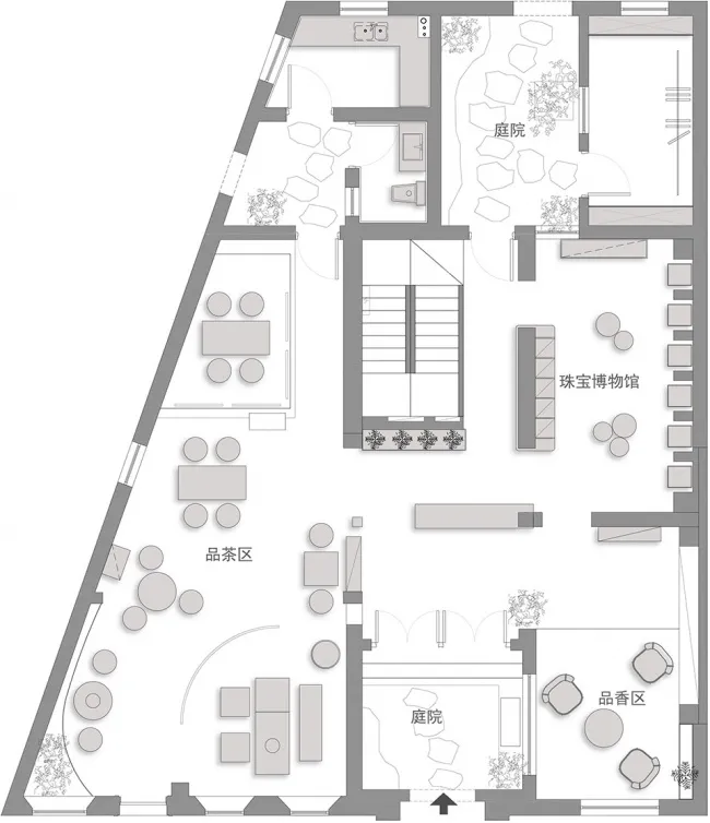 詳細的室內空間配置圖,標示出品茶區、珠寶博物館以及庭院等區域。