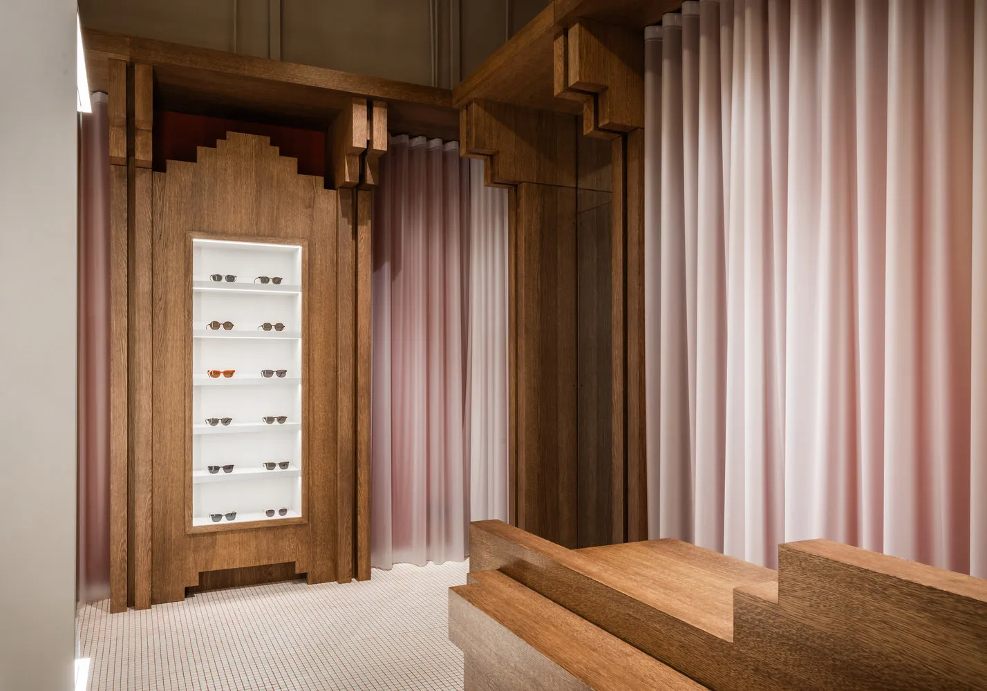 Modern retail interior with wooden sunglasses display case