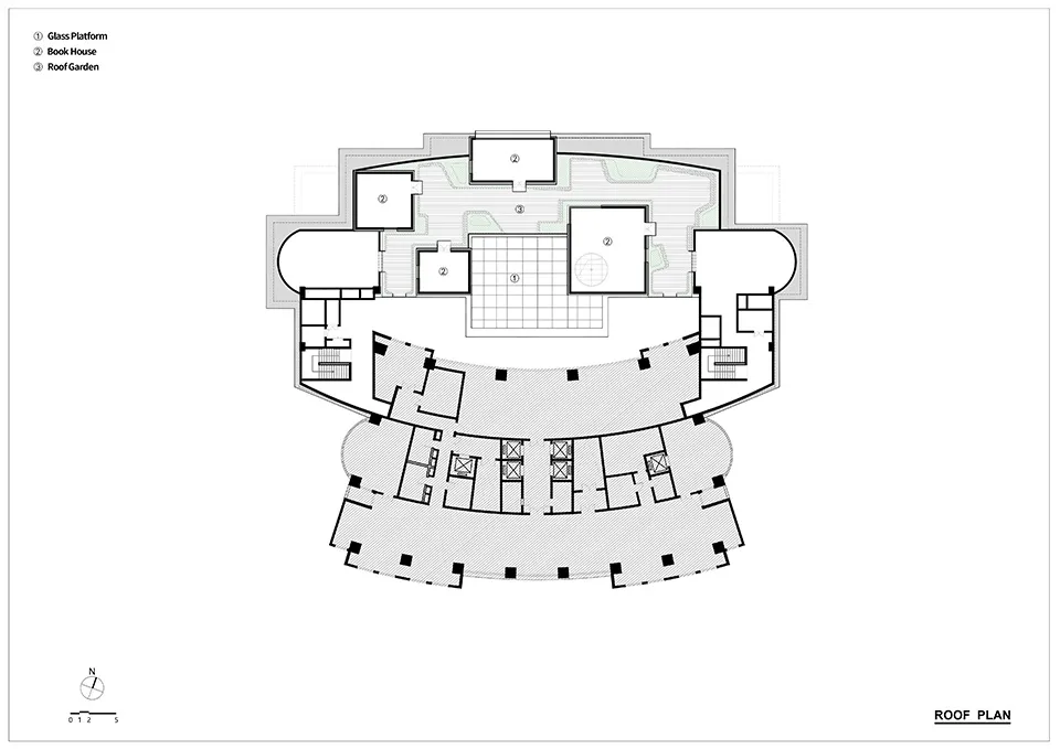 Floor plan depicting the design layout and features of the roof of a modern library.