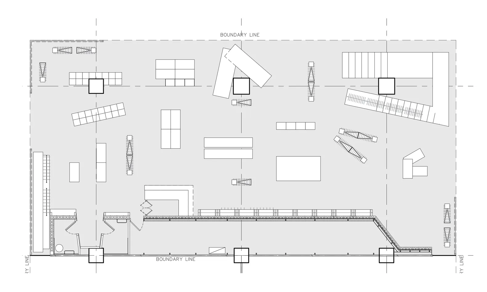 A detailed architectural floor plan showing the layout of an interior design project, including boundaries, structural lines,