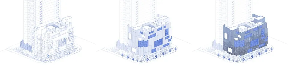 藍圖圖像,描繪都市空間的建築渲染