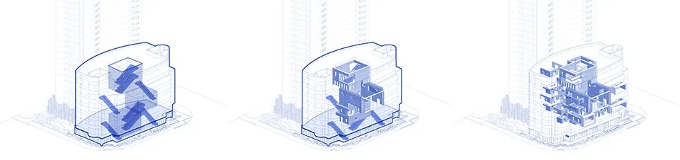 一系列三張藍線描繪的建築設計圖，呈現各種建築形式與構圖。