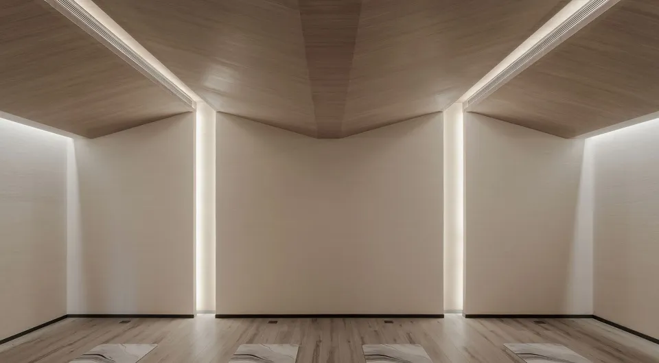 A minimalist yoga room with wooden elements.