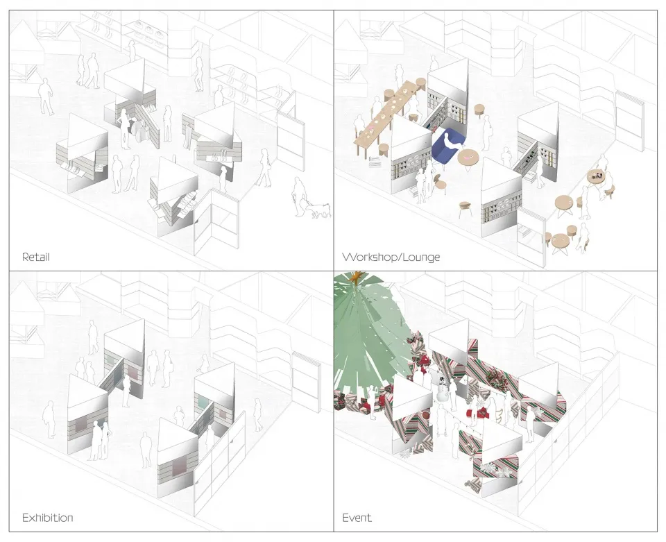 Exhibition hall with different functional zones including retail, workshop/lounge, exhibition, and event spaces.