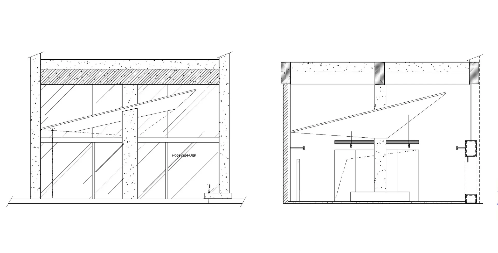 A technical plan of an interior design featuring metal, glass, concrete, and wood materials.