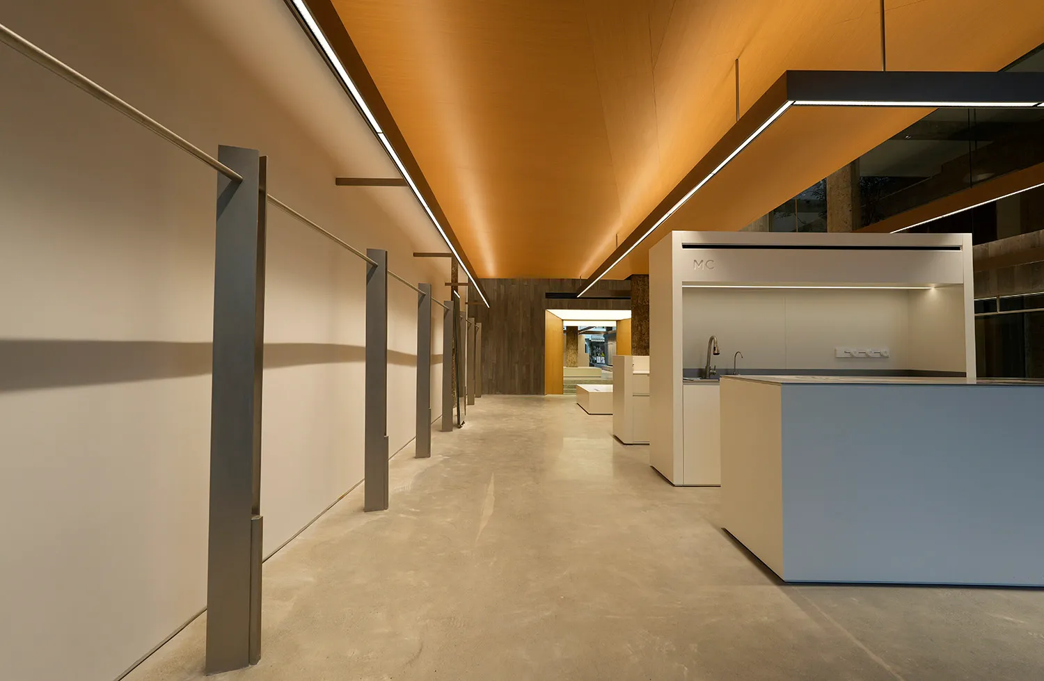 Modern architectural interior with timber ceiling and white walls.