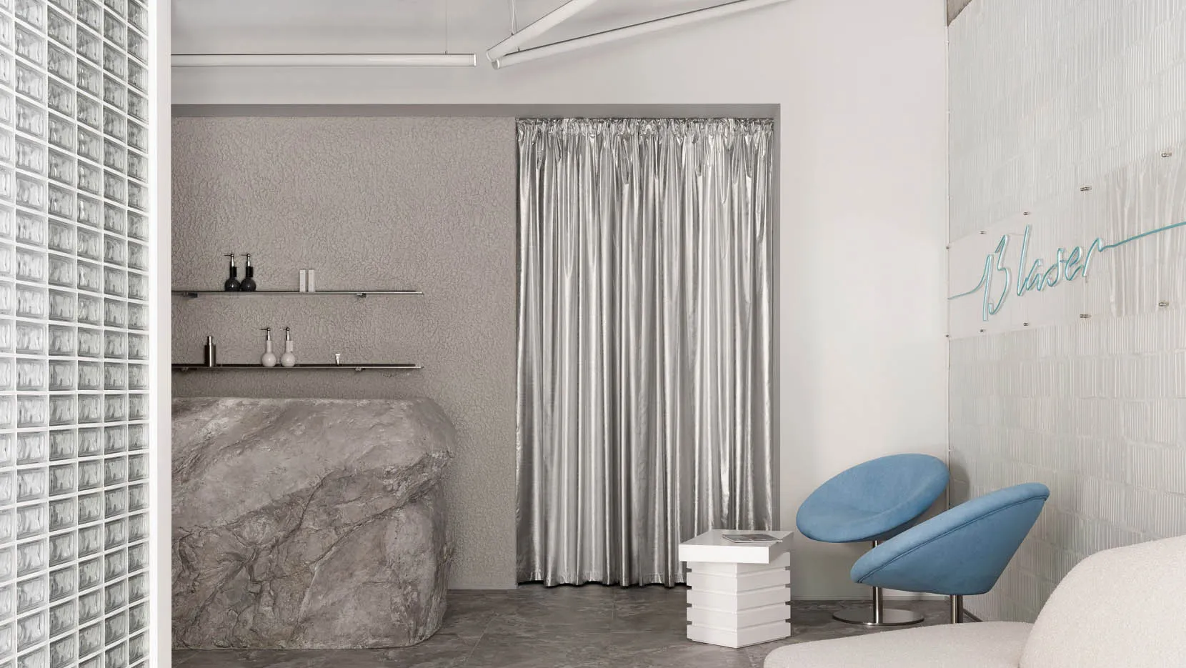 Modern spa interior with glass block walls and marble accents