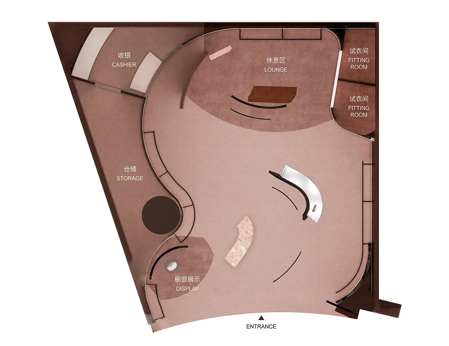 A neutral-toned retail store layout featuring cashier, lounge, fitting rooms, storage, and display.