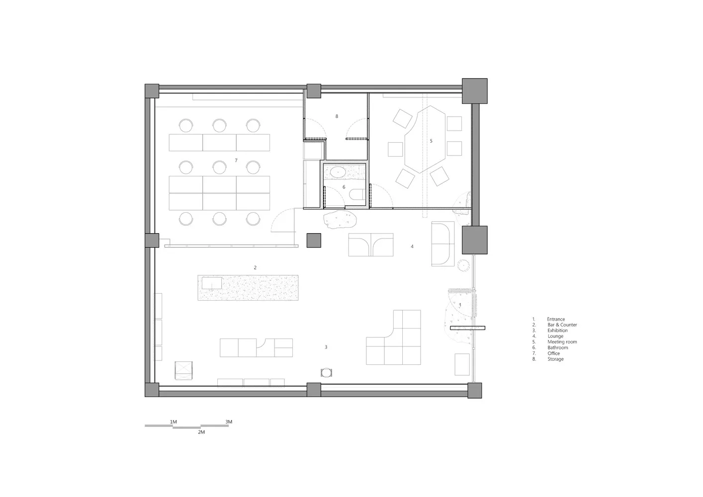 Floor plan of a modern office space with functional zones and design elements.