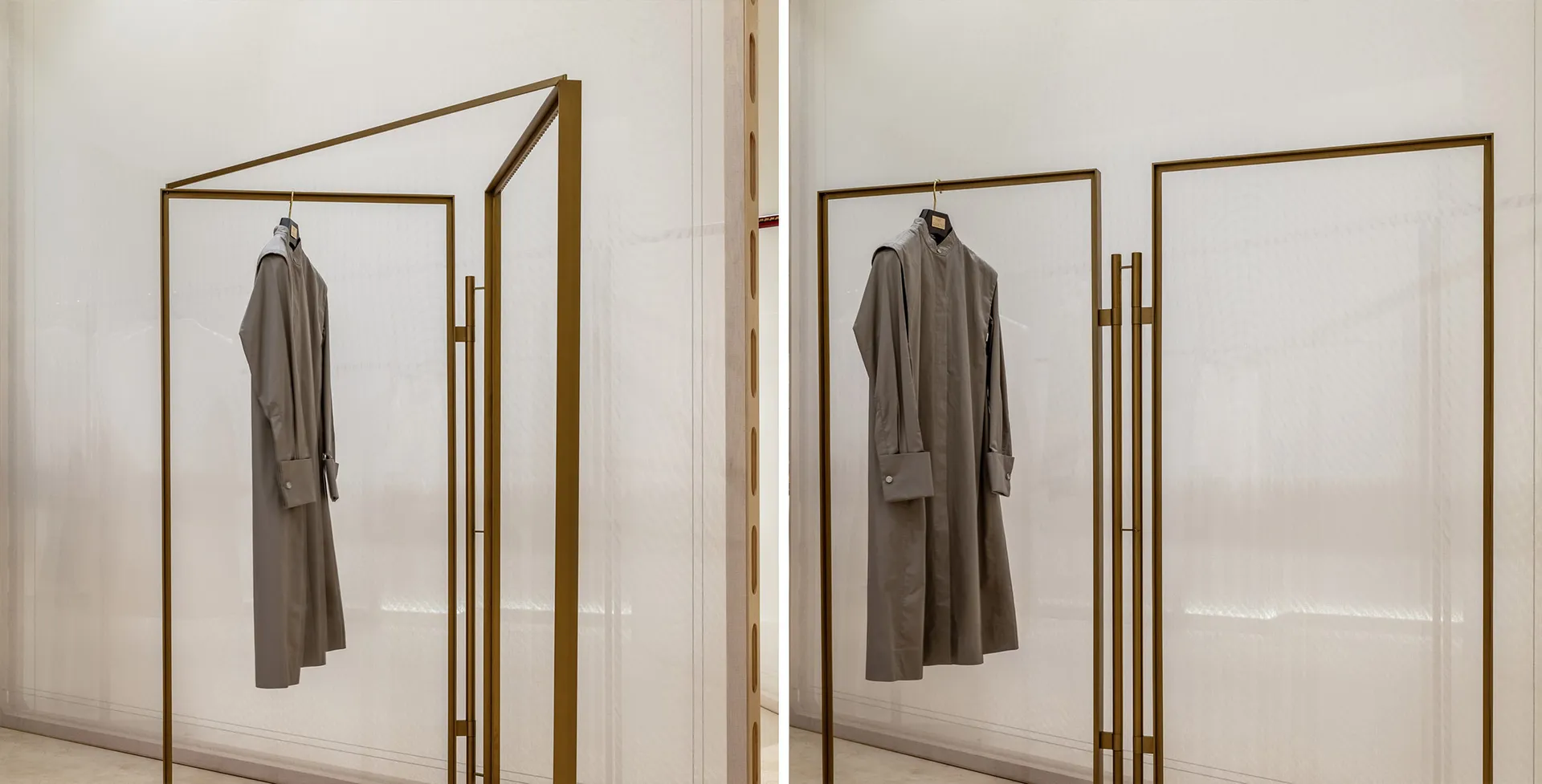 Modern interior design featuring a metal-framed clothing display