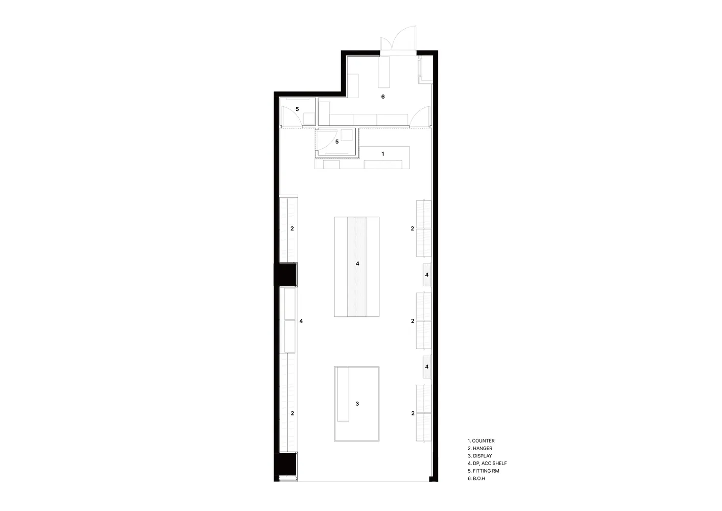 A commercial interior retail shop neutral colors floor plan with designated areas for counter, display, and hanger.