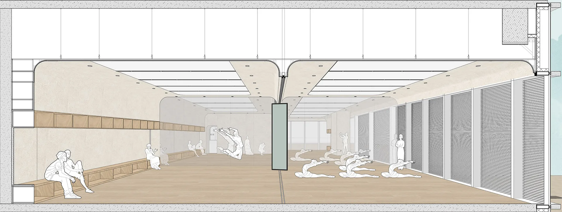 An architectural rendering of a dance studio with wooden floors, glass walls, and metallic elements.