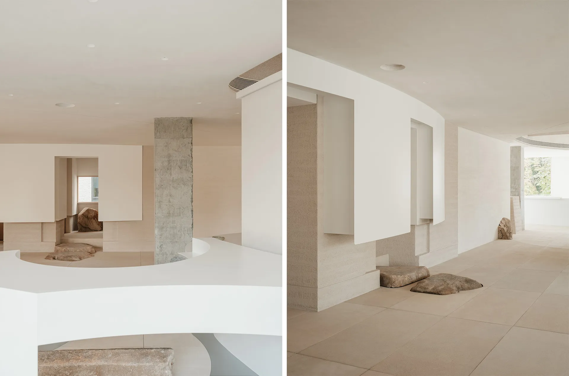 Interior design featuring a modern lobby with concrete and stone elements.