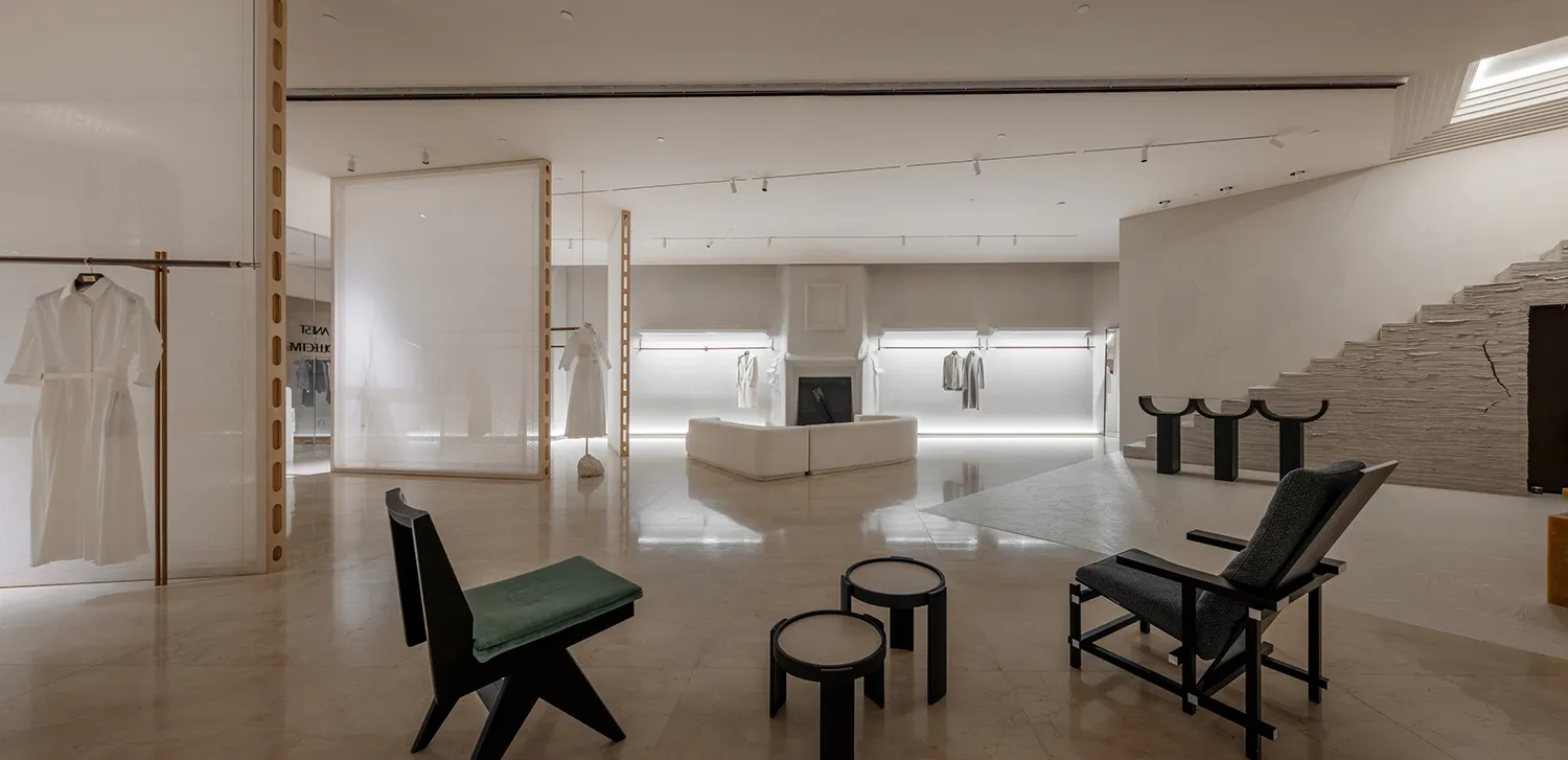 Modern retail space with marble and concrete materials
