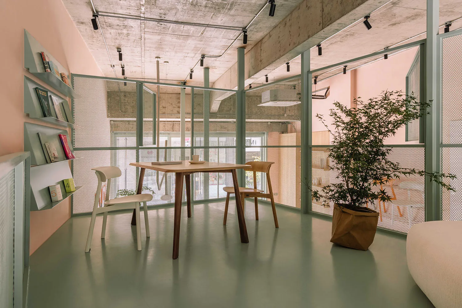 A minimalist cafe with concrete walls and wooden furniture, featuring a white table and chairs, a small green plant, and a bo