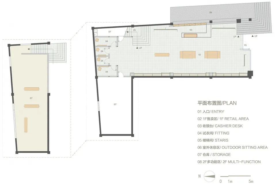 Floor plan of a retail store with a modern, industrial aesthetic featuring polished concrete floors.