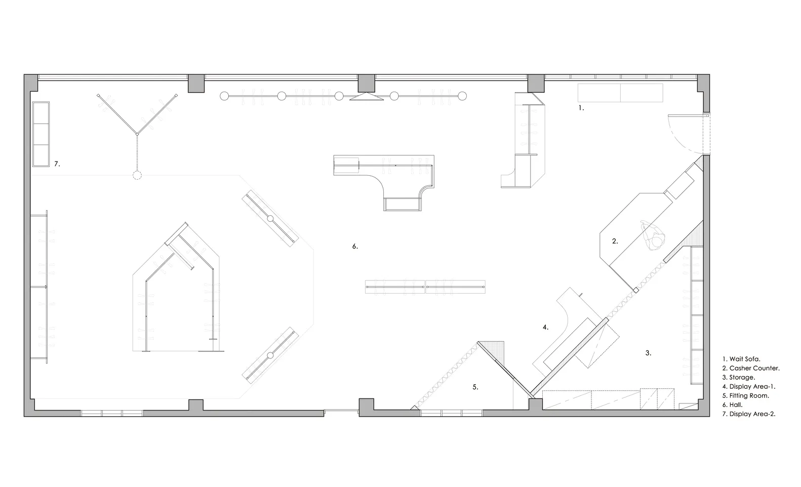 A 2D architectural drawing of a retail space showing display areas and functional zones.