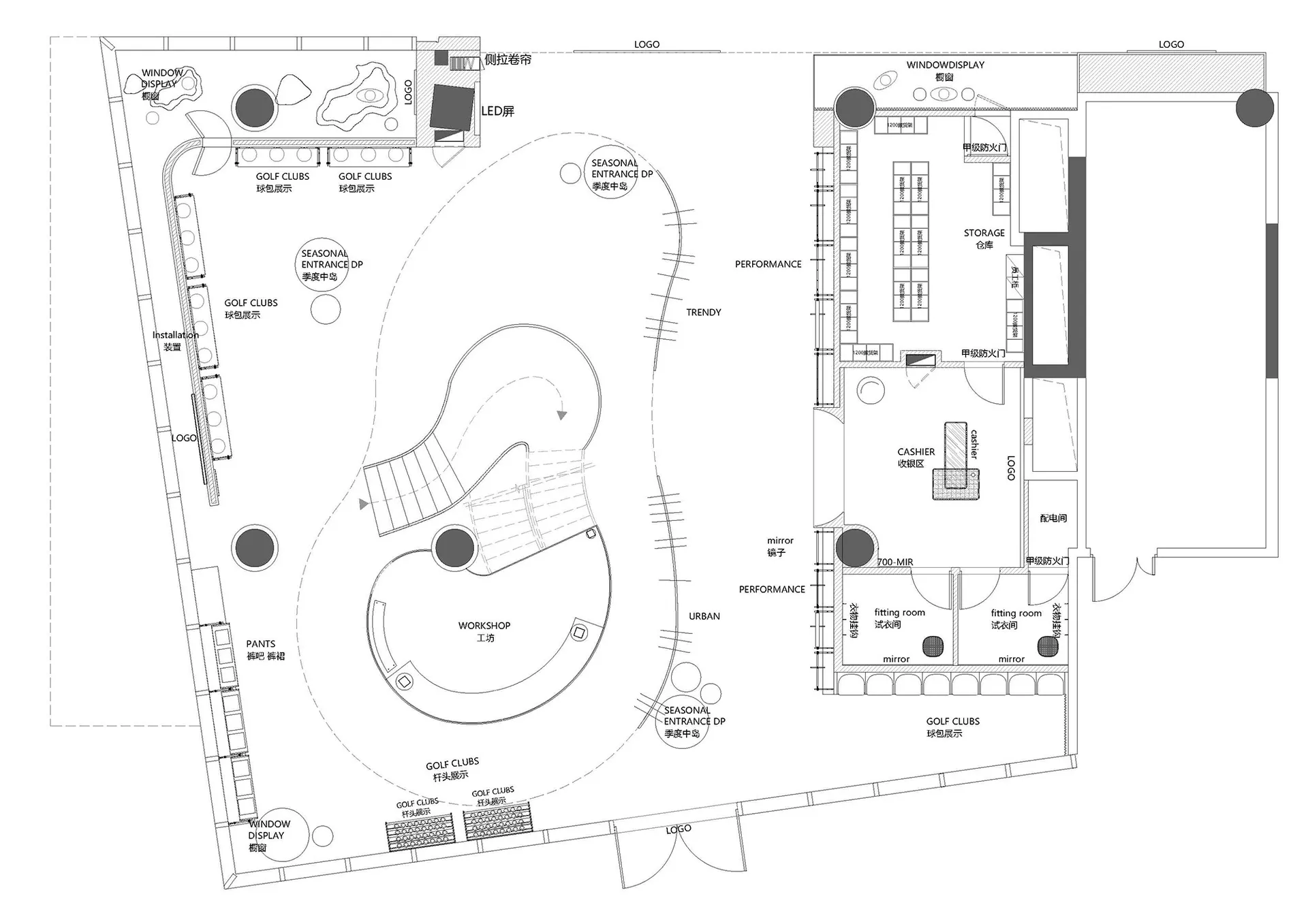 一張黑白細緻的建築平面圖，呈現高爾夫俱樂部展示間的各項功能區域。
