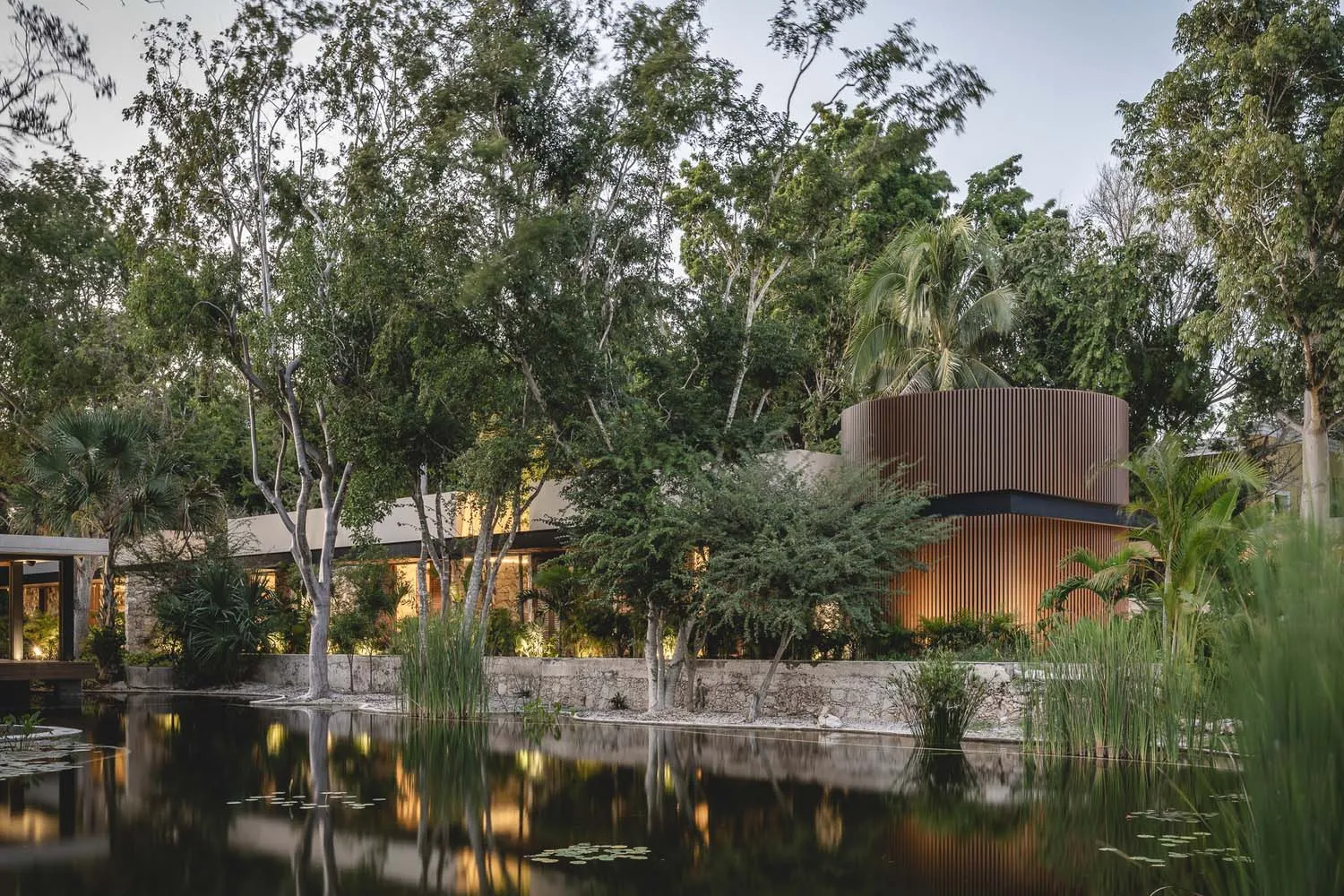 Modern house with wooden panels and concrete structure surrounded by lush greenery and a tranquil pond.