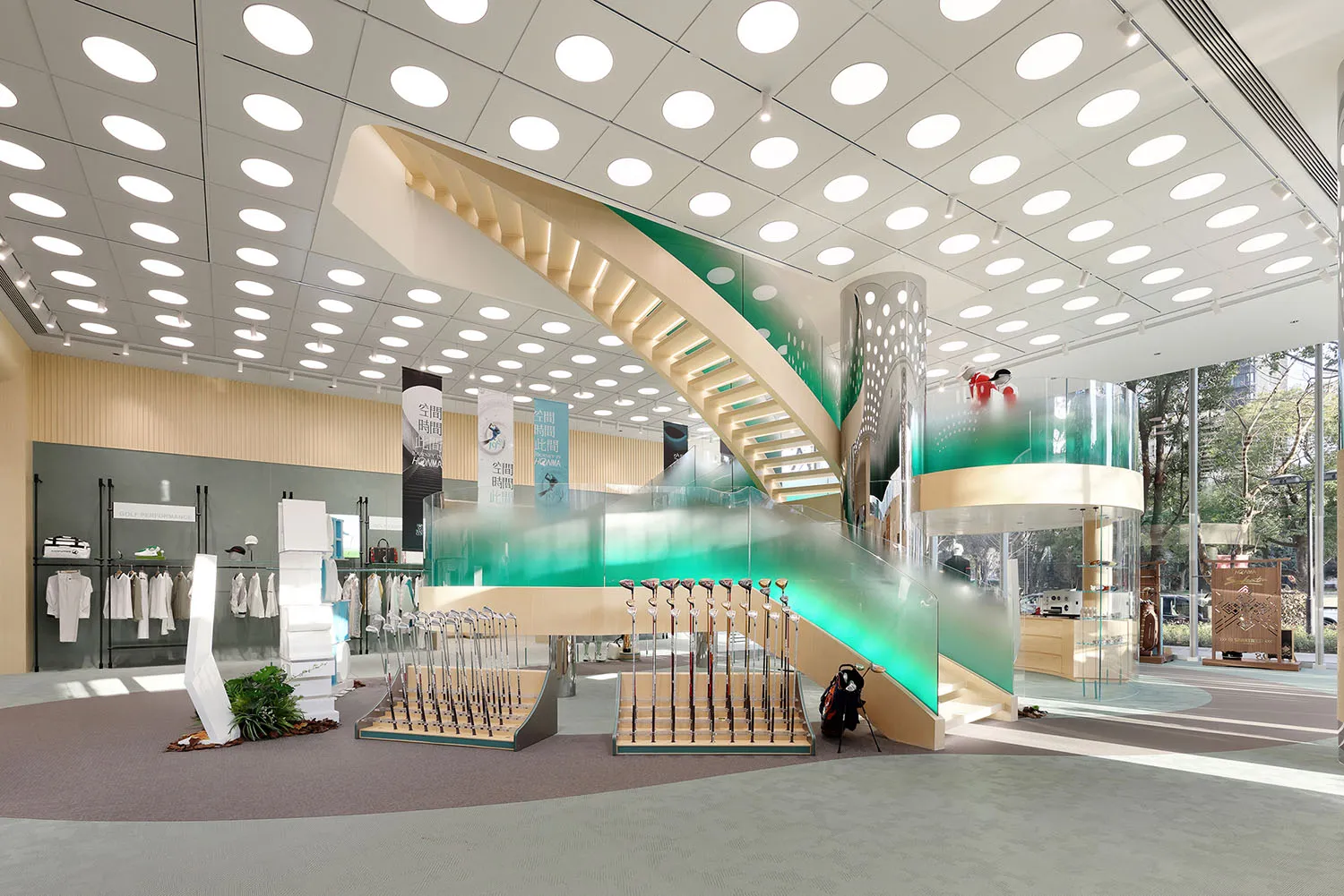 A modern retail store featuring glass, wood, and metal materials.