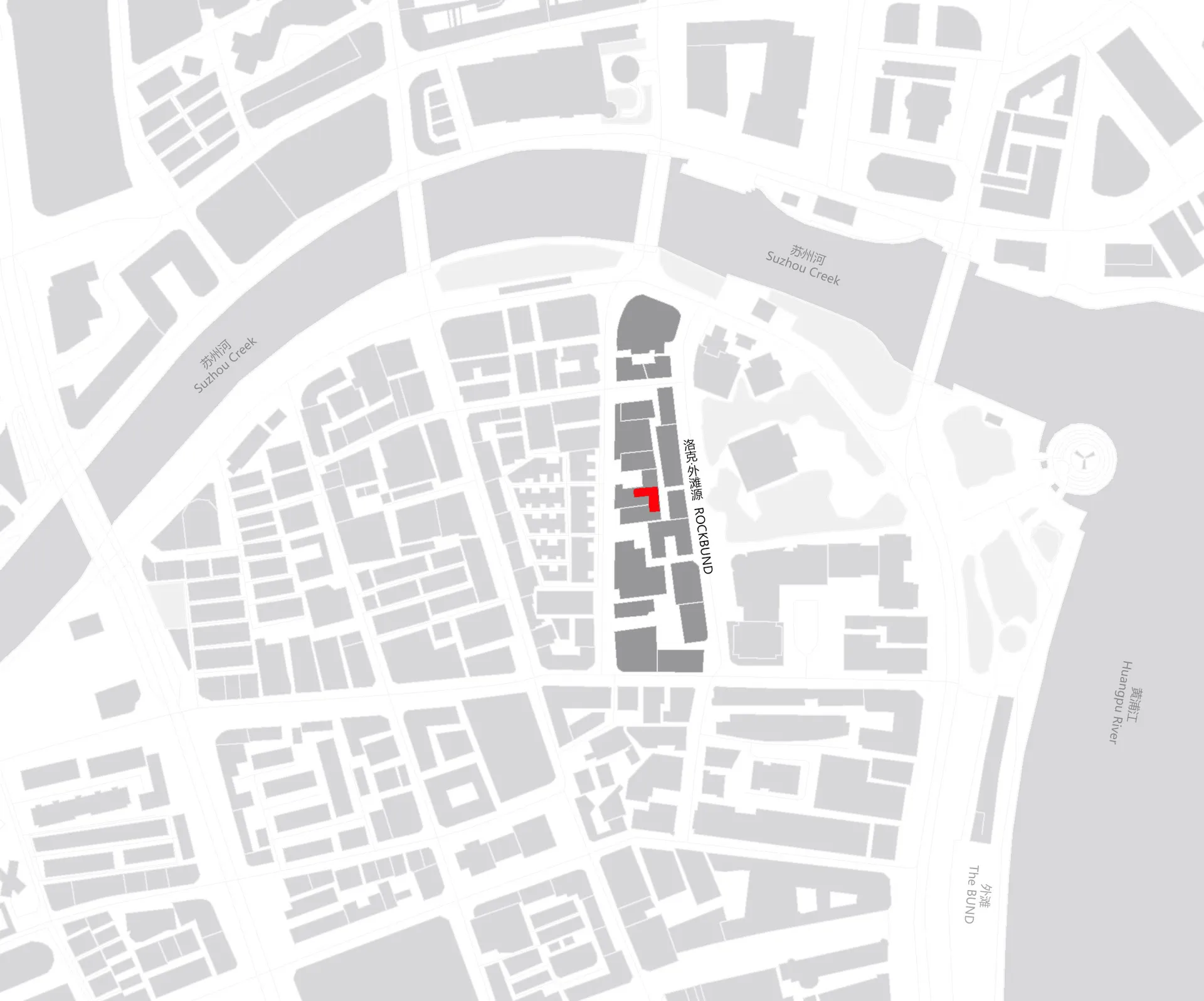一張詳細的上海都市地圖,突顯建築地標與都市規劃。
