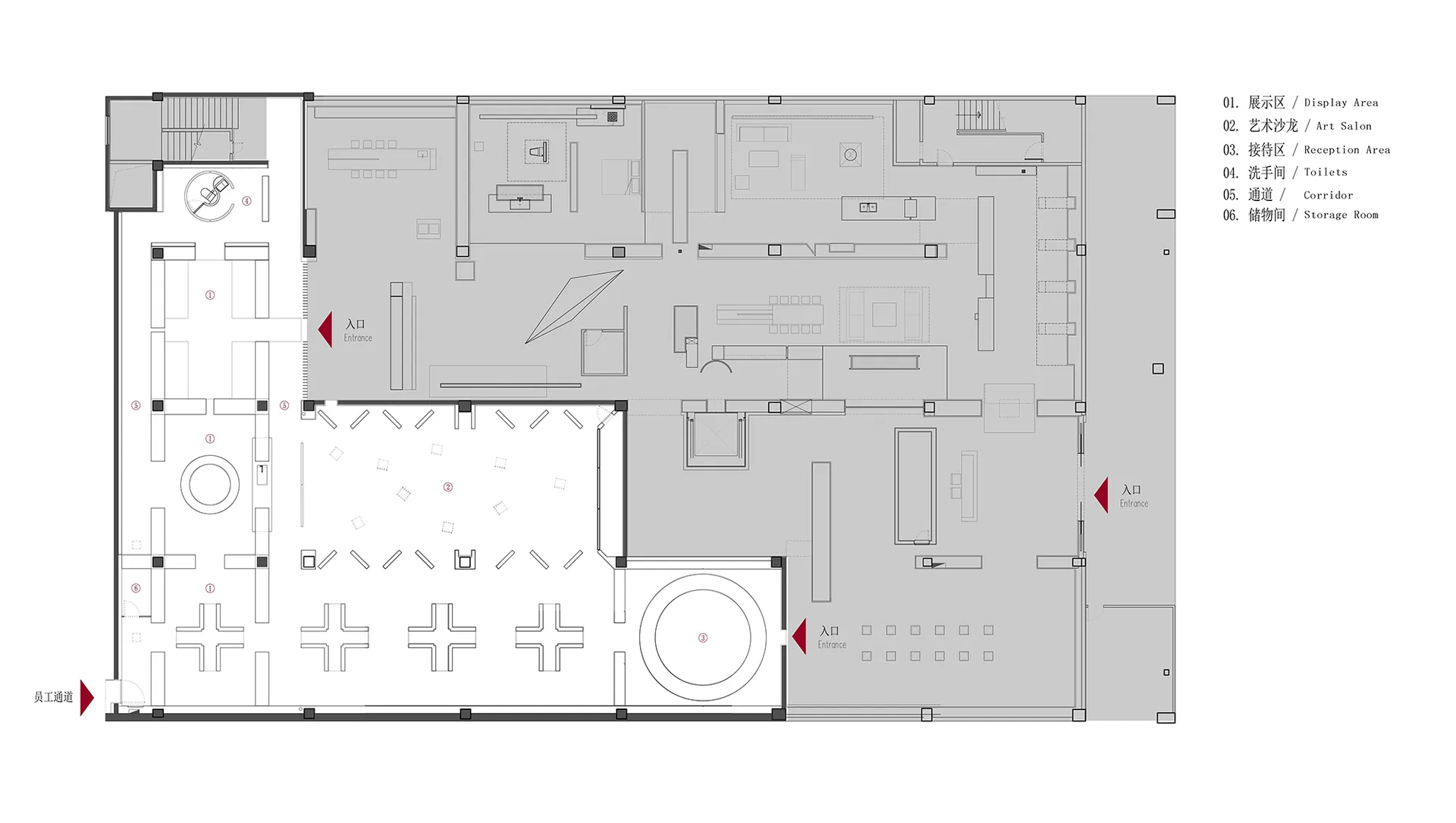 Floor plan of a modern office space showing various functional zones such as reception area, restrooms, corridors, and storag