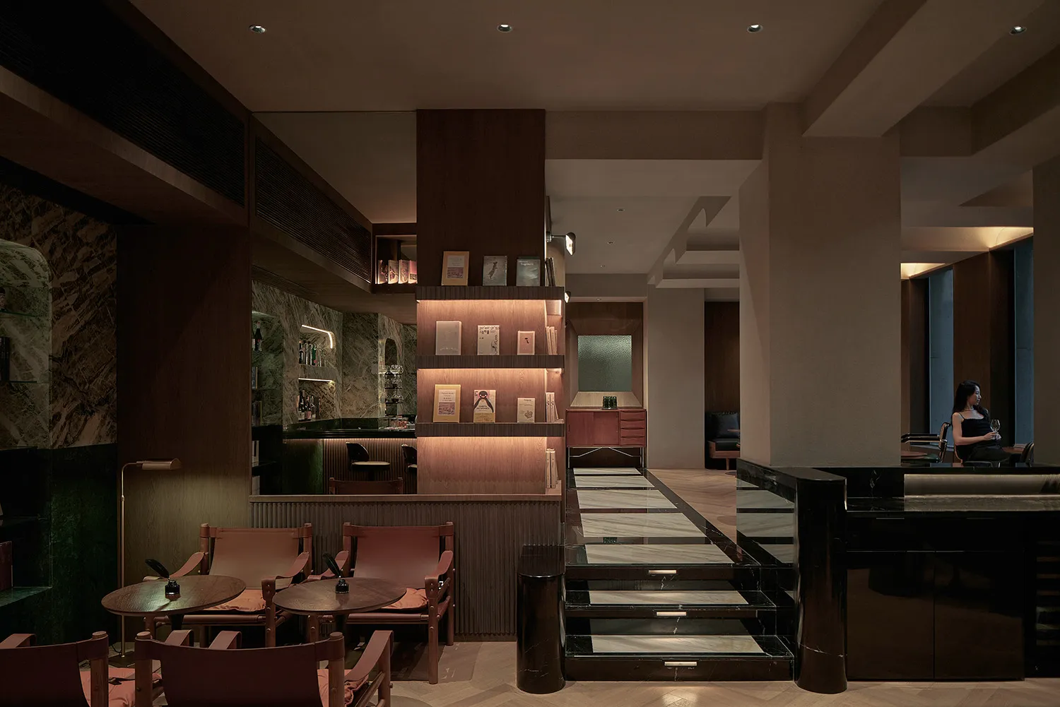 A modern restaurant with a marble interior