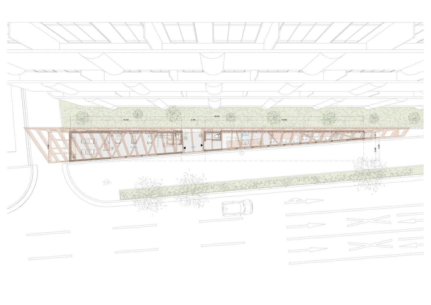A detailed architectural drawing of a modern storefront with a wooden frame.