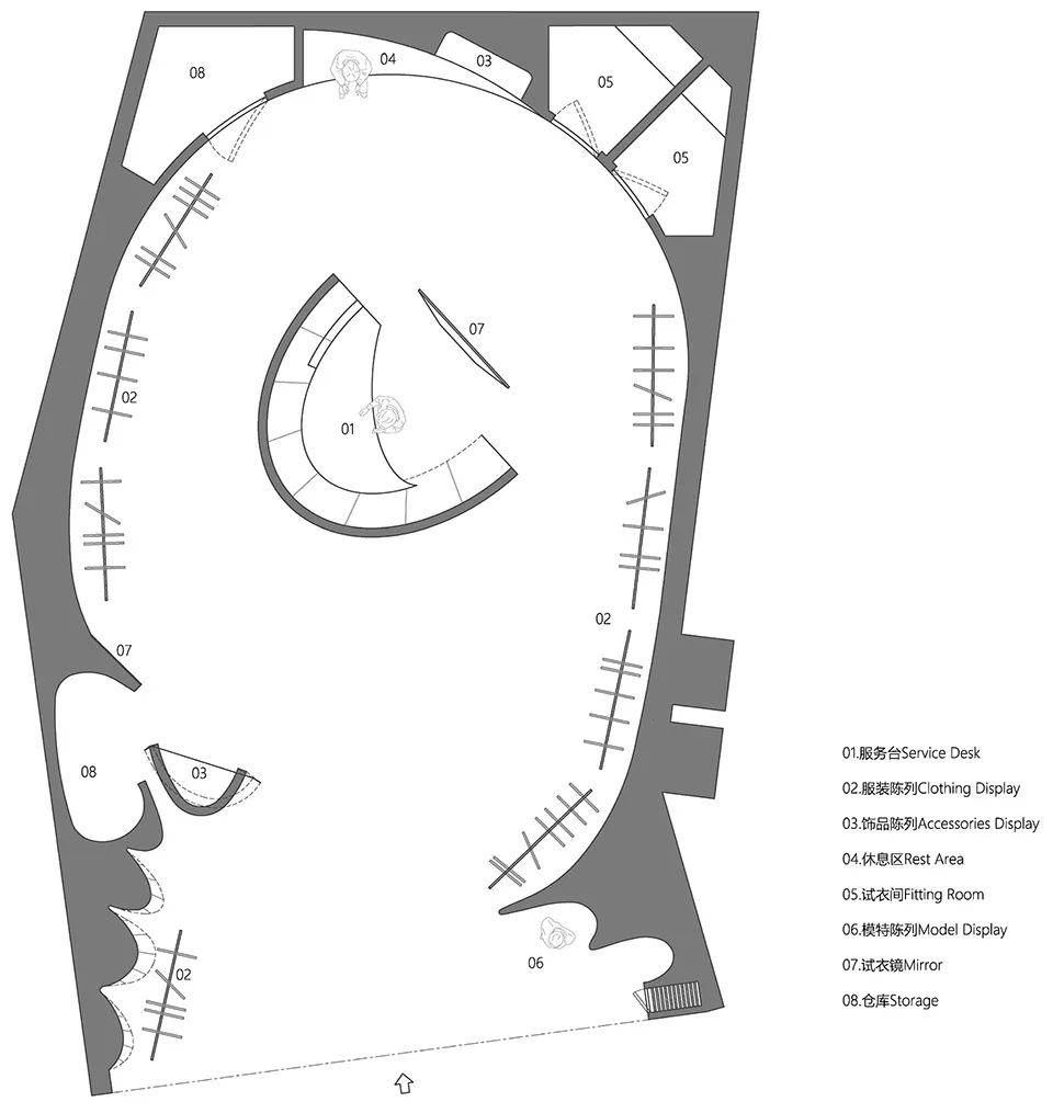 一張詳細的2D建築圖,展示精品零售店內各功能區域,包括服務台、服裝展示區