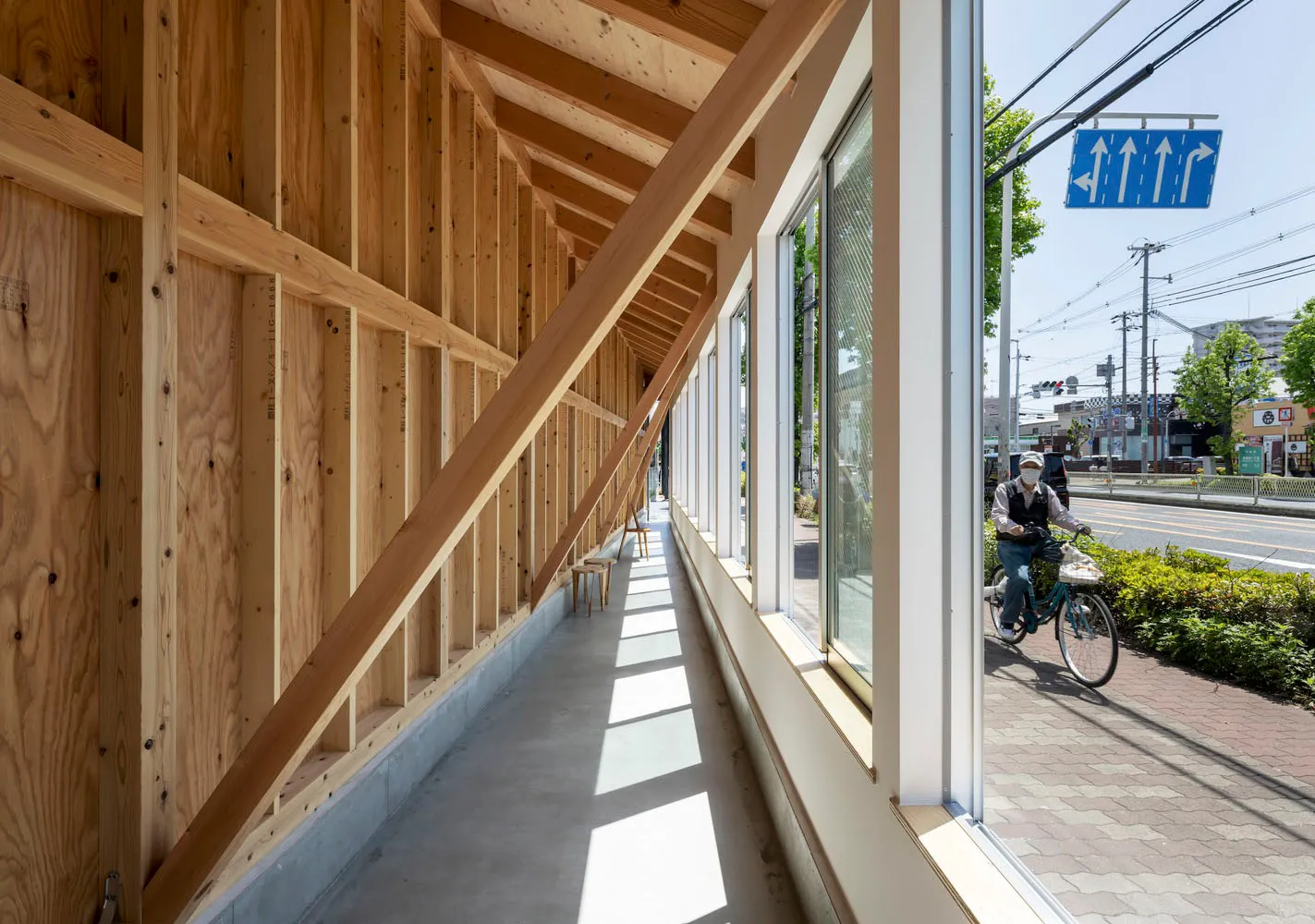 A modern commercial interior featuring wooden paneling
