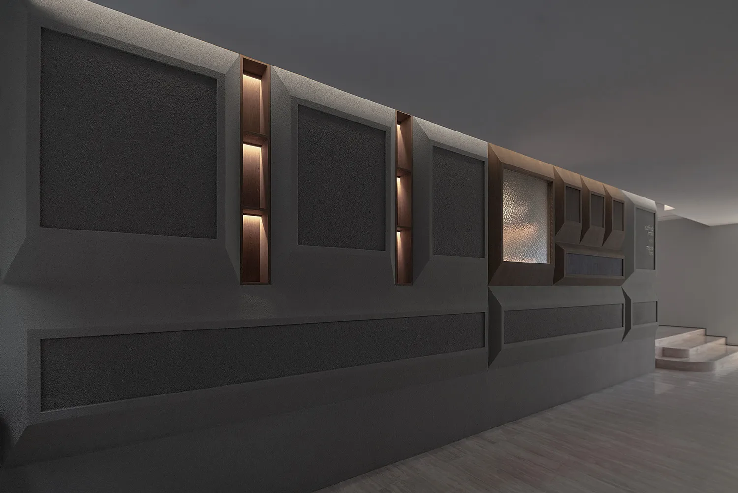 A modern wall display system featuring metal and glass elements.