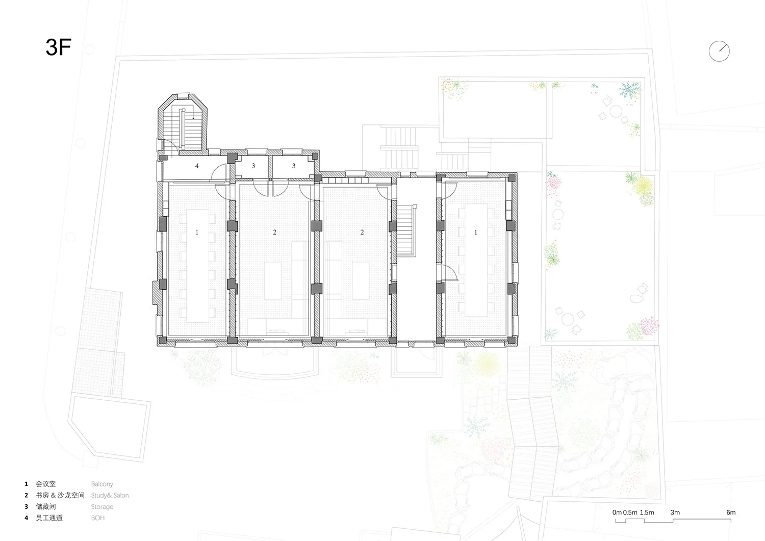 現代辦公室室內平面圖,採用混凝土、木質與玻璃元素。