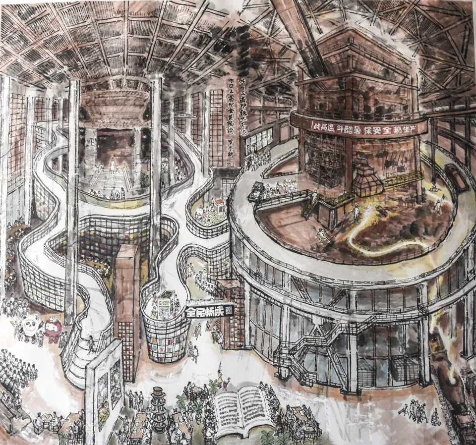 A bustling industrial marketplace with a large, concrete building and a spiral staircase.