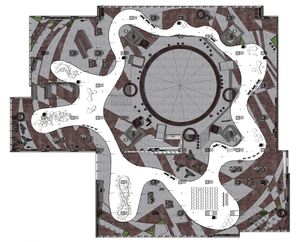 Concrete Plaza Plan with circular feature and winding pathways