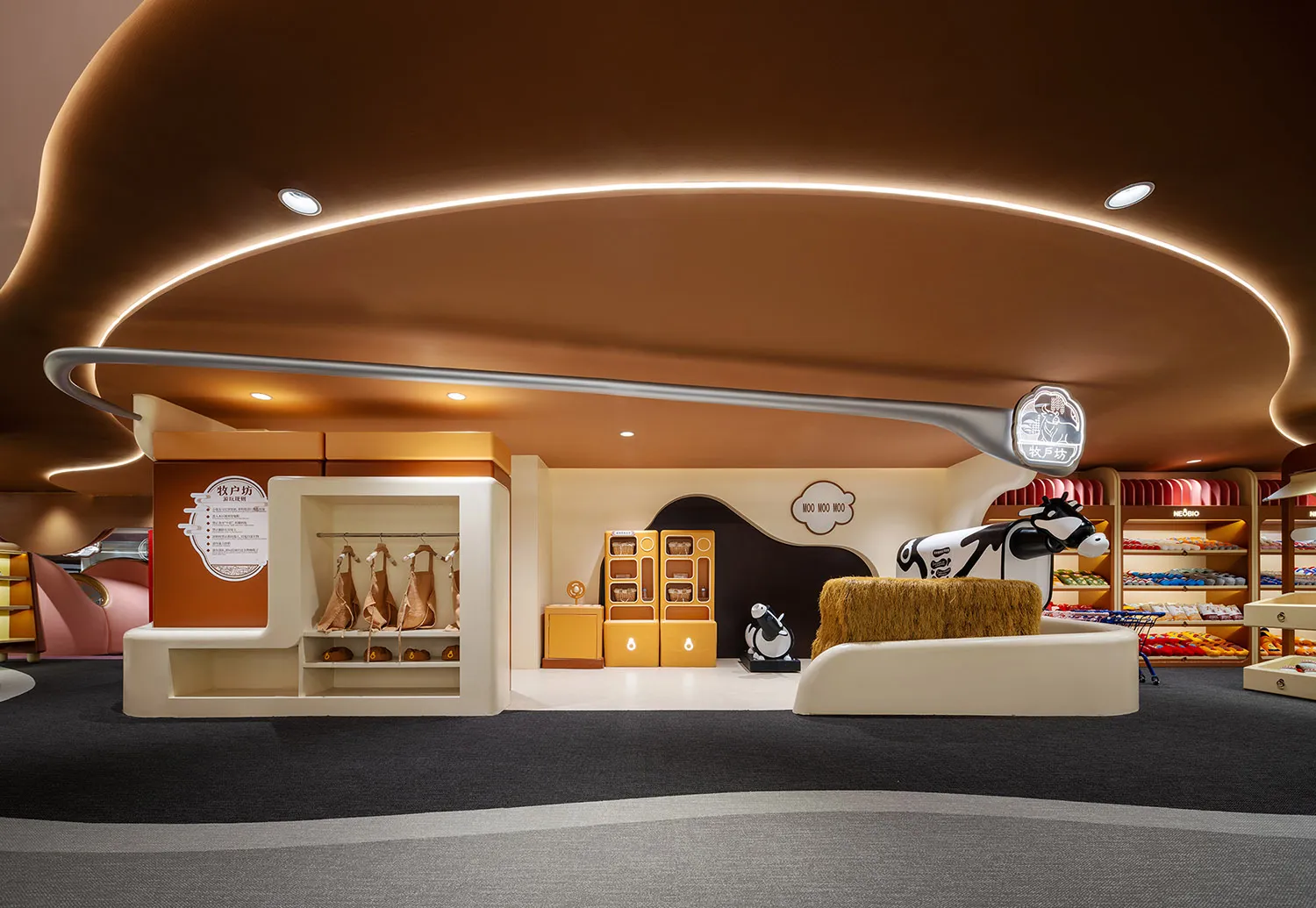 A modern retail interior with a brown color scheme designed for children's shop
