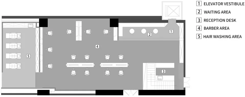 Floor plan of a barber shop with concrete flooring, waiting area, reception desk, barber area, and hair washing area.