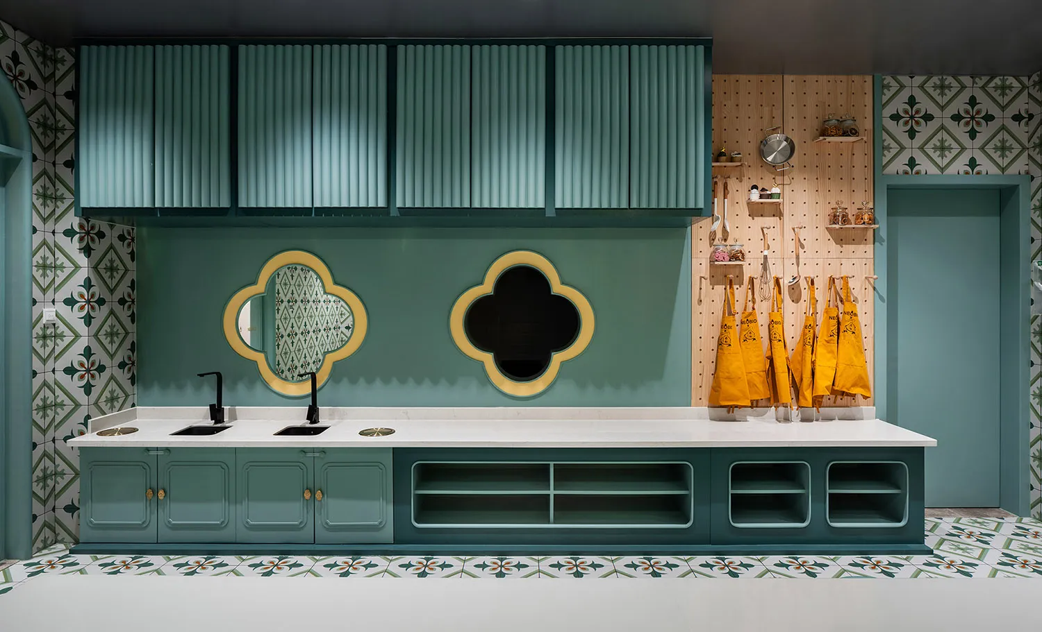 Modern commercial space featuring marble countertops, tile patterning, and concrete walls.