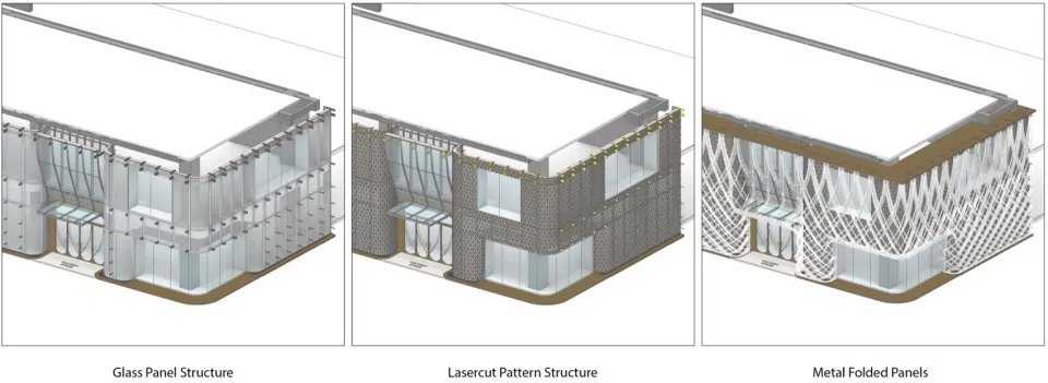 An architectural rendering showcasing a building exterior with a combination of metal and glass materials.
