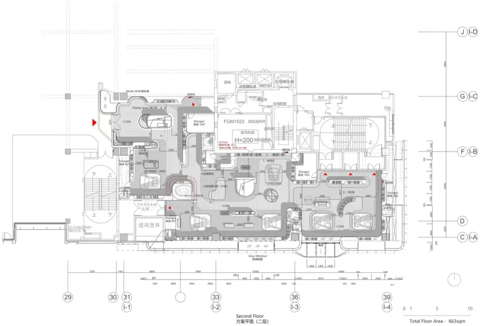 A 2D rendered architectural plan of the second floor of a building, showing various rooms and spaces.