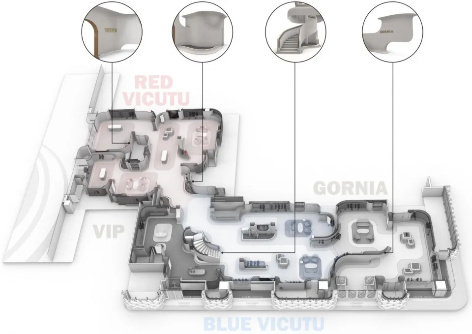 A detailed 2D architectural drawing of a modern office space showcasing an open-plan layout with concrete flooring and variou