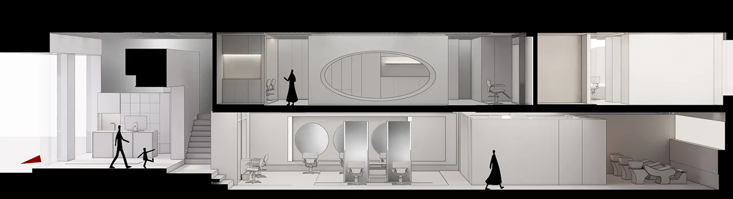 Minimalist commercial space with white walls and furniture, showing a modern and clean design.