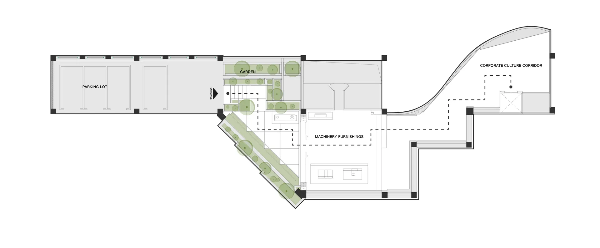 Floor plan of corporate culture corridor with green circles indicating garden area and machinery furnishings.