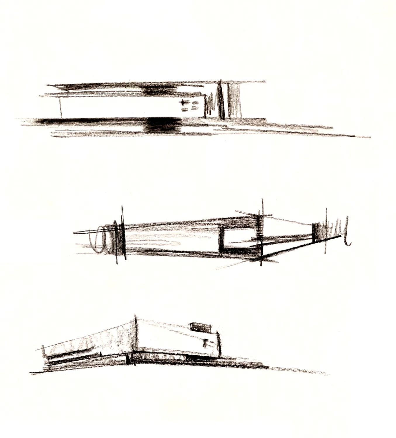 A sketch of a modern interior viewed from various angles showing architectural elements and design features.