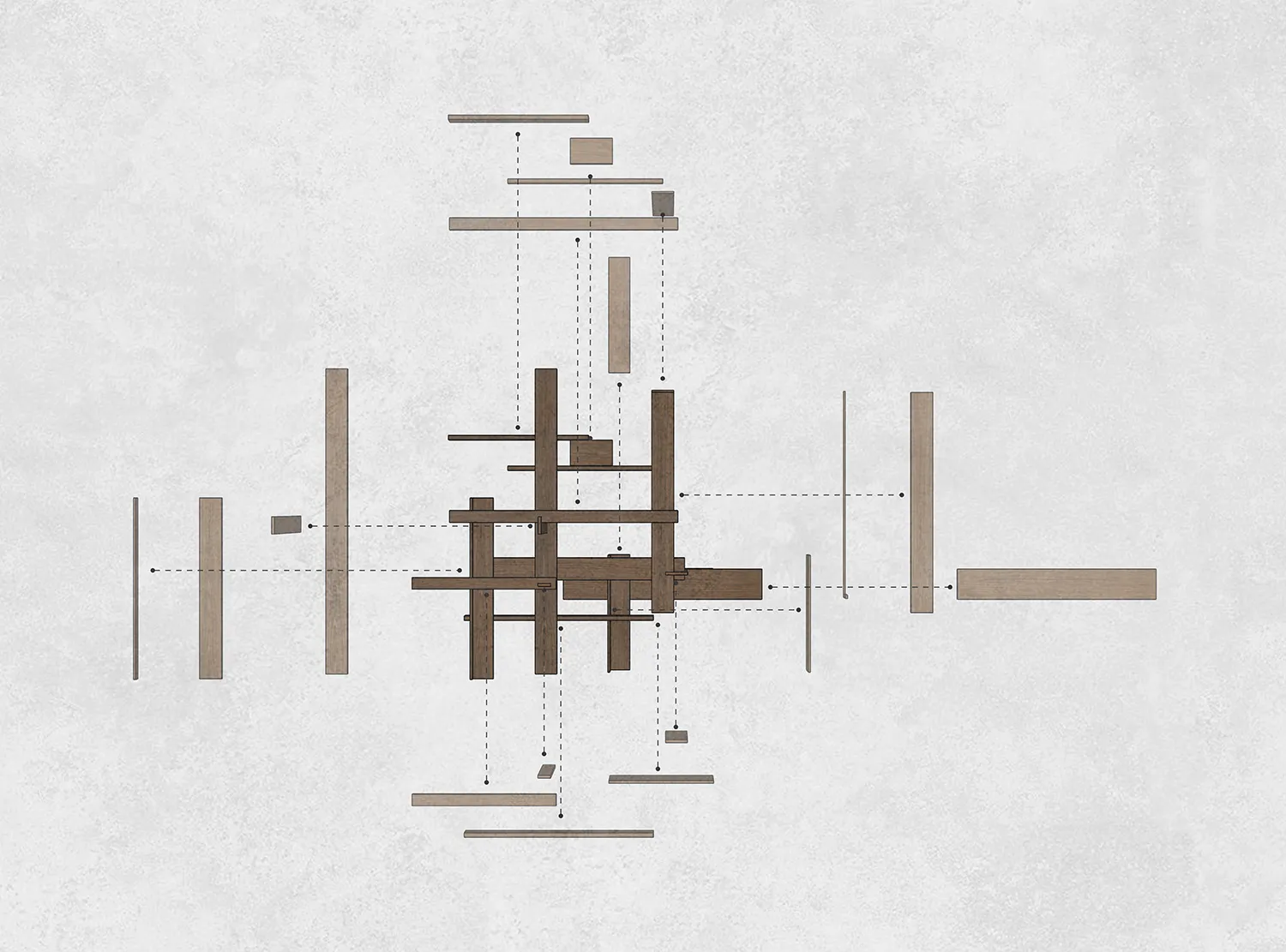 A modern architectural design with a wooden framework, showing a structured layout of walls and spaces.