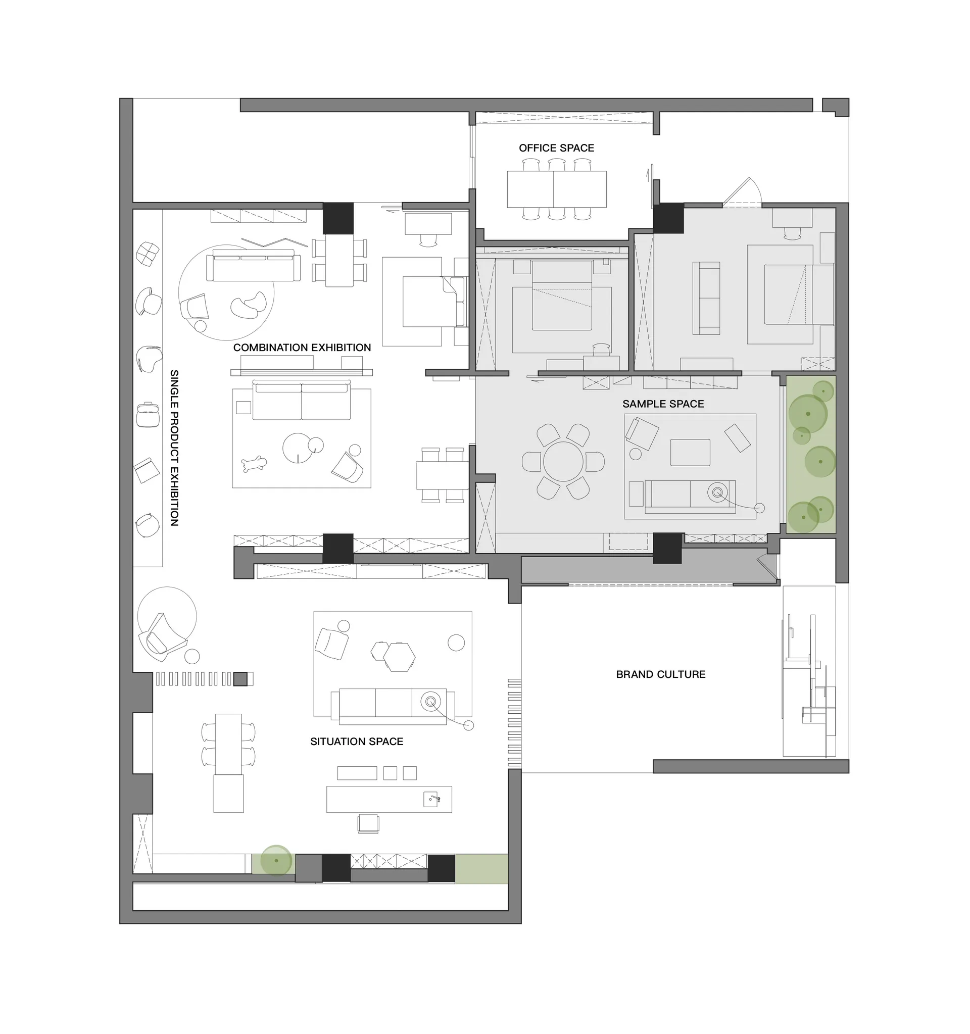 A schematic floor plan of a modern office space with neutral-toned decor and functional zones.