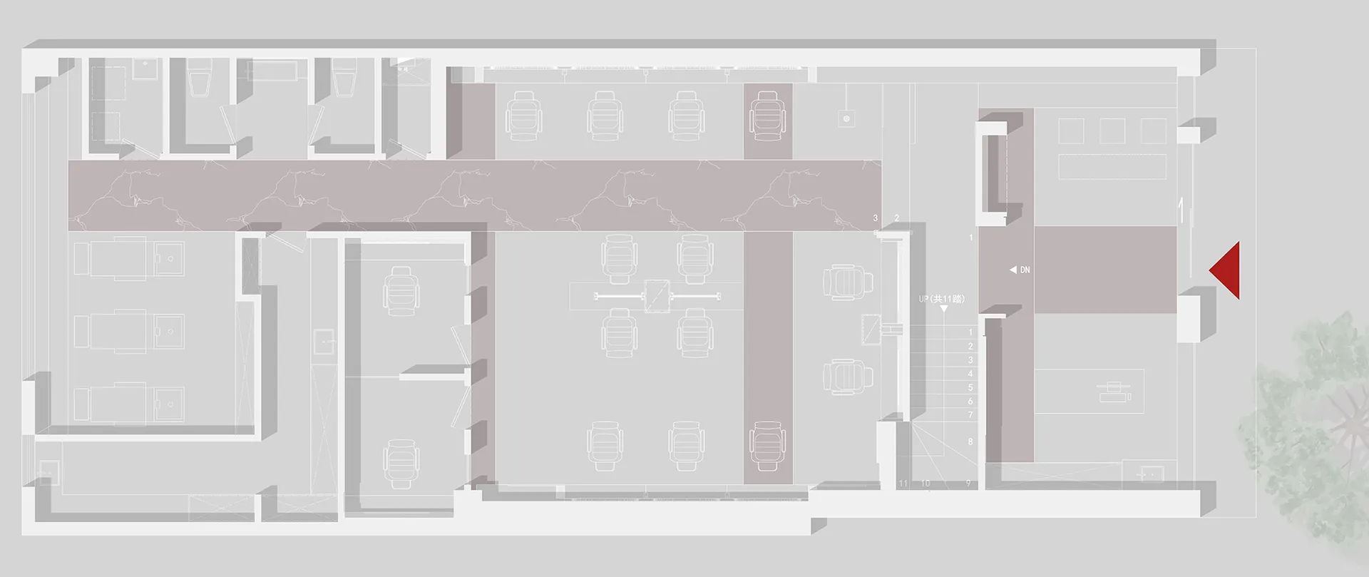 現代辦公室空間的詳細建築平面圖，採用中性色調配色。