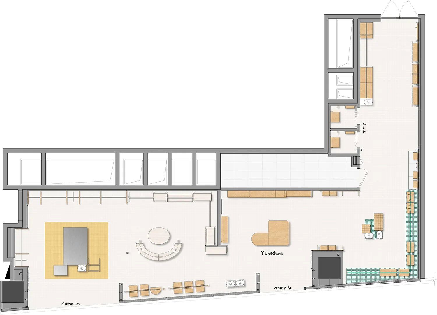 Floor plan of a retail space with wooden flooring and checkout area.