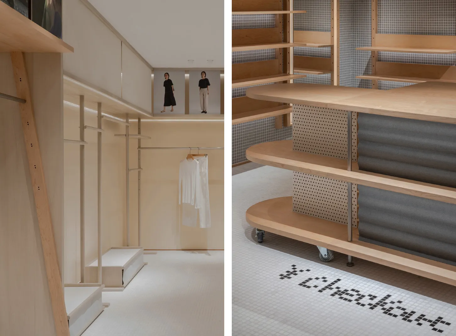A wooden clothing shop with shelves displaying white garments.
